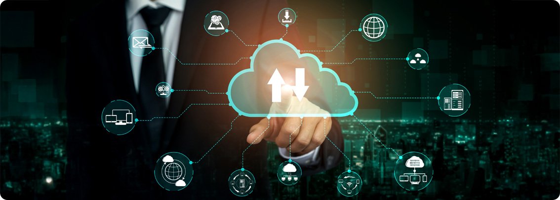 Team collaborating on cloud-based business management platform with data analytics dashboard and connected devices representing HR, CRM, PMS, and Payroll integration.